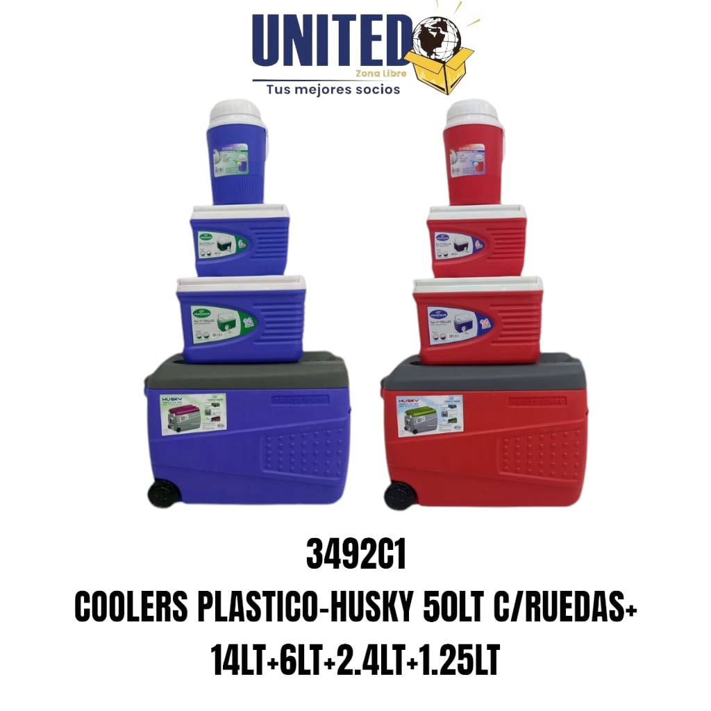 COOLERS PLÁSTICO - HUSKY 50LT C/RUEDAS + 14LT + 6LT + 2.4LT + 1.25LT