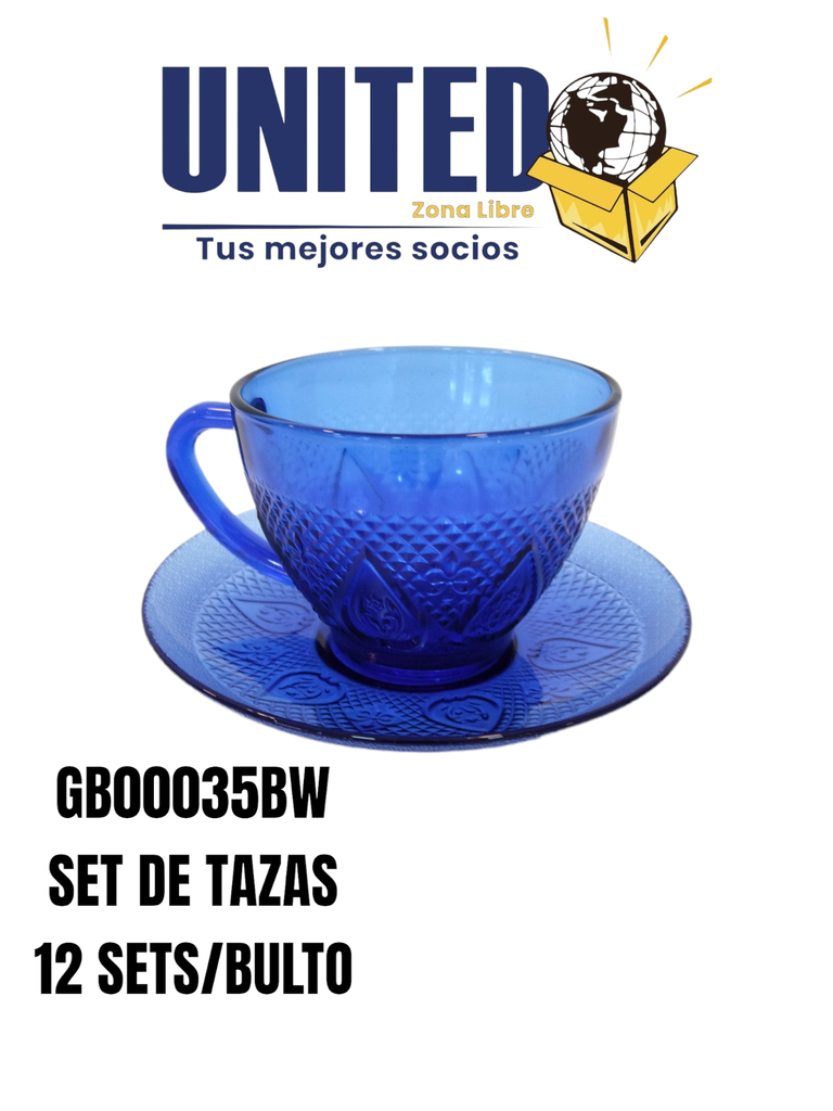 SET DE 6 TAZAS + 6 PLATOS DE VIDRIO COLOR AZUL