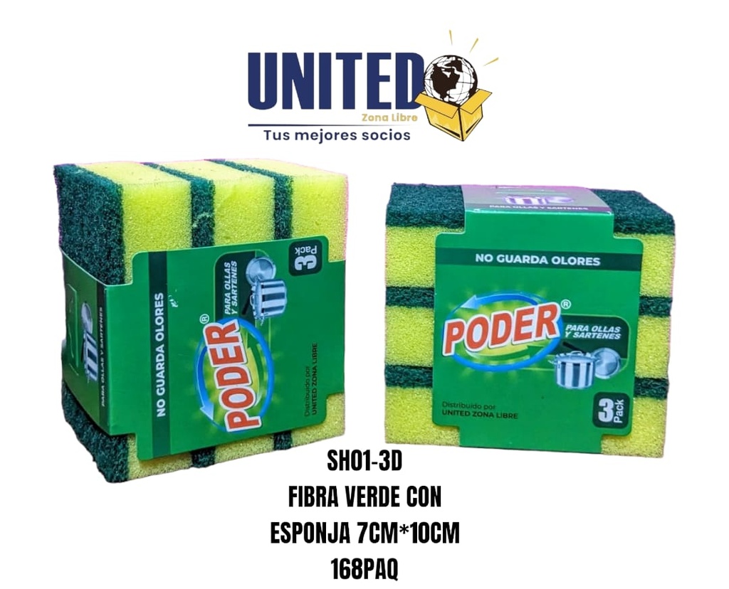 FIBRA VERDE CON ESPONJA 7cm x 10cm (3pack)