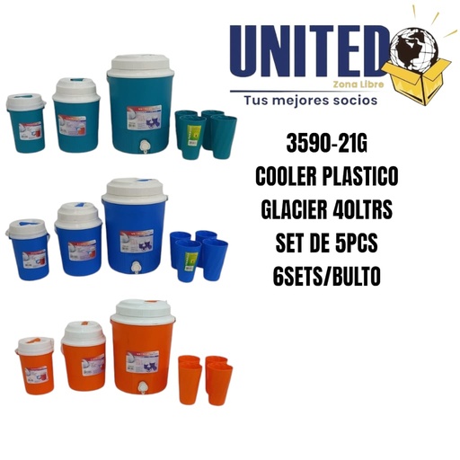 [3590-21G] COOLERS PLÁSTICO - GLACIER 40 LTRS COMBO JUEGO DE 5 PCS