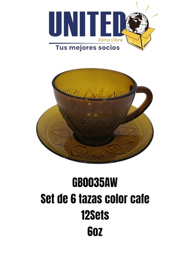[GB0035AW] SET DE 6 TAZAS + 6 PLATOS DE VIDRIO COLOR CAFÉ (copia)